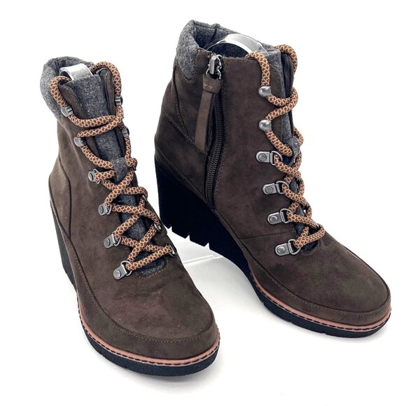 Dr. Scholls Lada Wedge Ankle Boots Womens 6M Zipper & Lace-Up Brown Poly & Wool - Picture 1 of 14